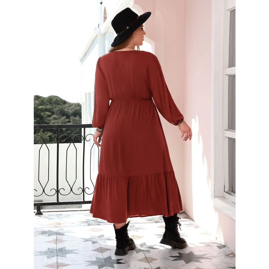 Plus Size Quarter Button V-Neck Long Sleeve Dress Rust / 0XL Apparel and Accessories