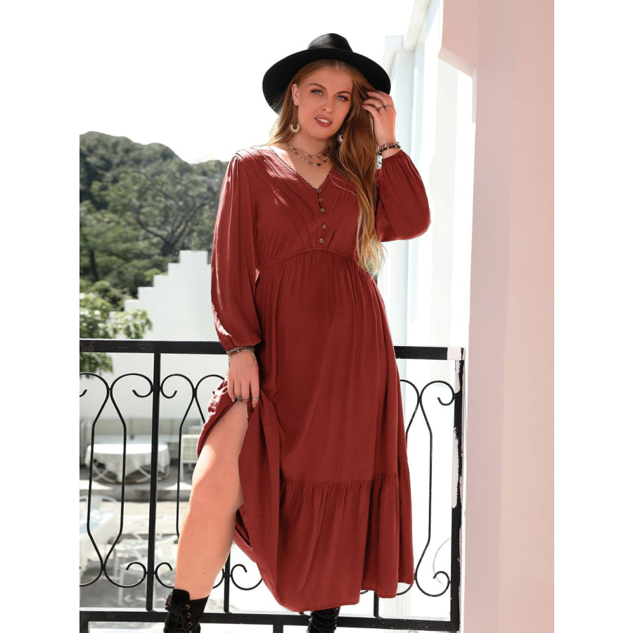 Plus Size Quarter Button V-Neck Long Sleeve Dress Rust / 0XL Apparel and Accessories