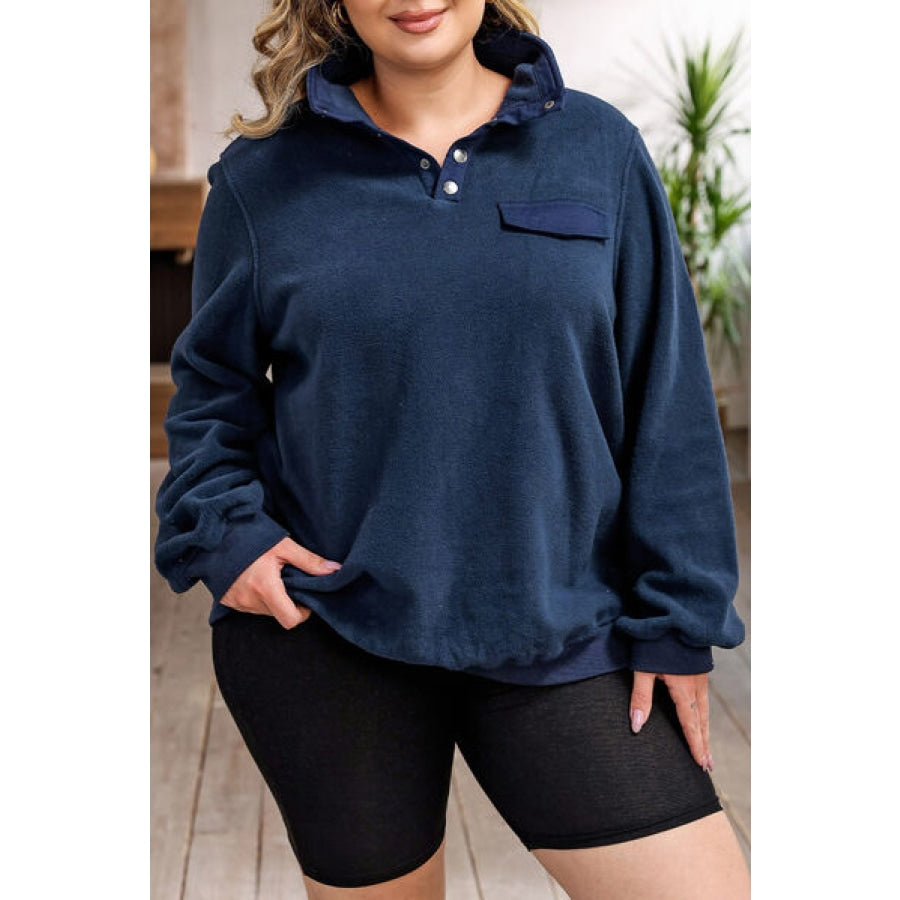 Plus Size Quarter Snap Long Sleeve Sweatshirt Navy / 1XL Apparel and Accessories