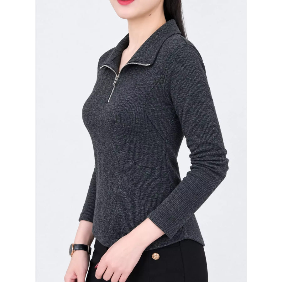 Plus Size Quarter-Zip Long Sleeve Top Apparel and Accessories