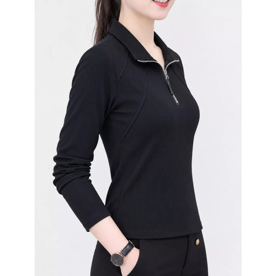 Plus Size Quarter-Zip Long Sleeve Top Apparel and Accessories
