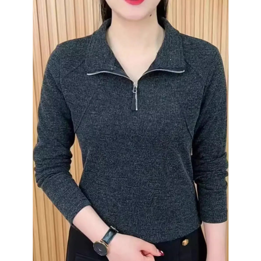 Plus Size Quarter-Zip Long Sleeve Top Apparel and Accessories