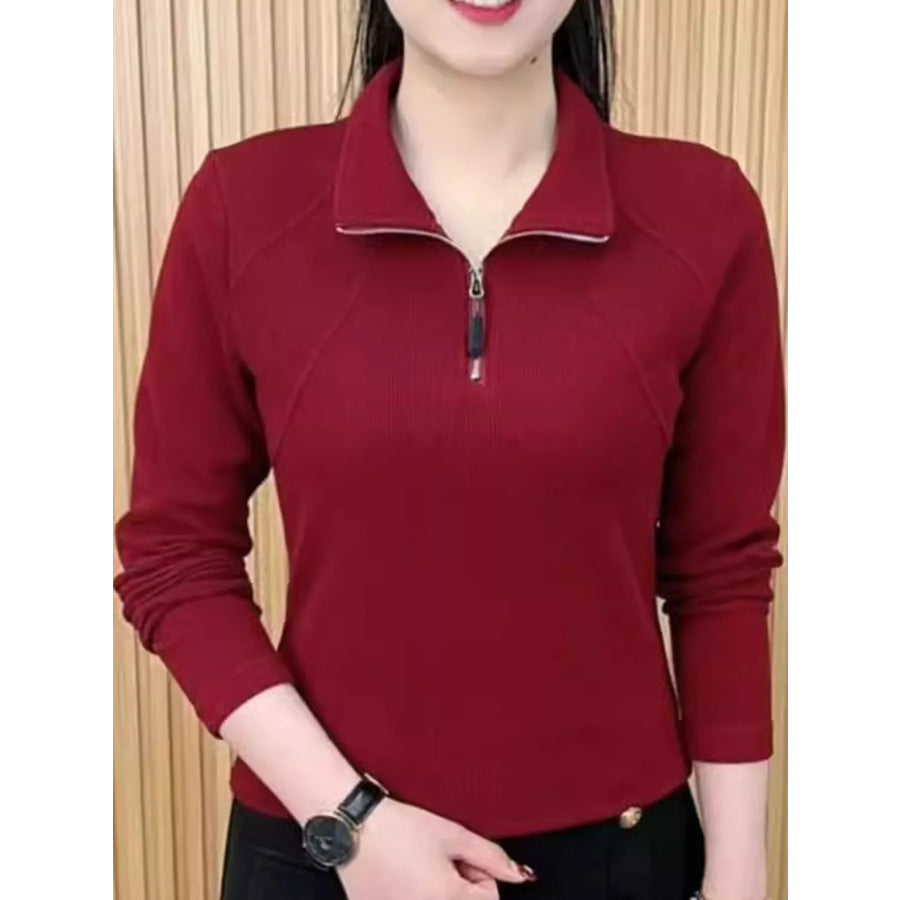 Plus Size Quarter-Zip Long Sleeve Top Apparel and Accessories