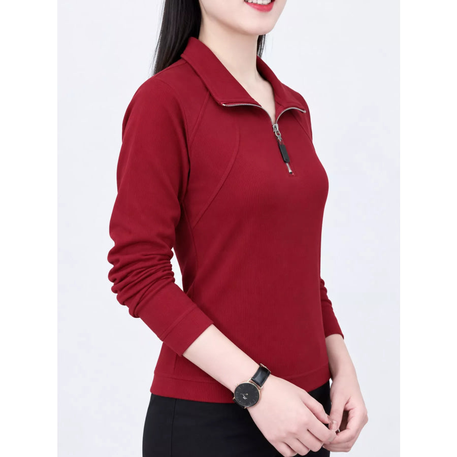 Plus Size Quarter-Zip Long Sleeve Top Apparel and Accessories
