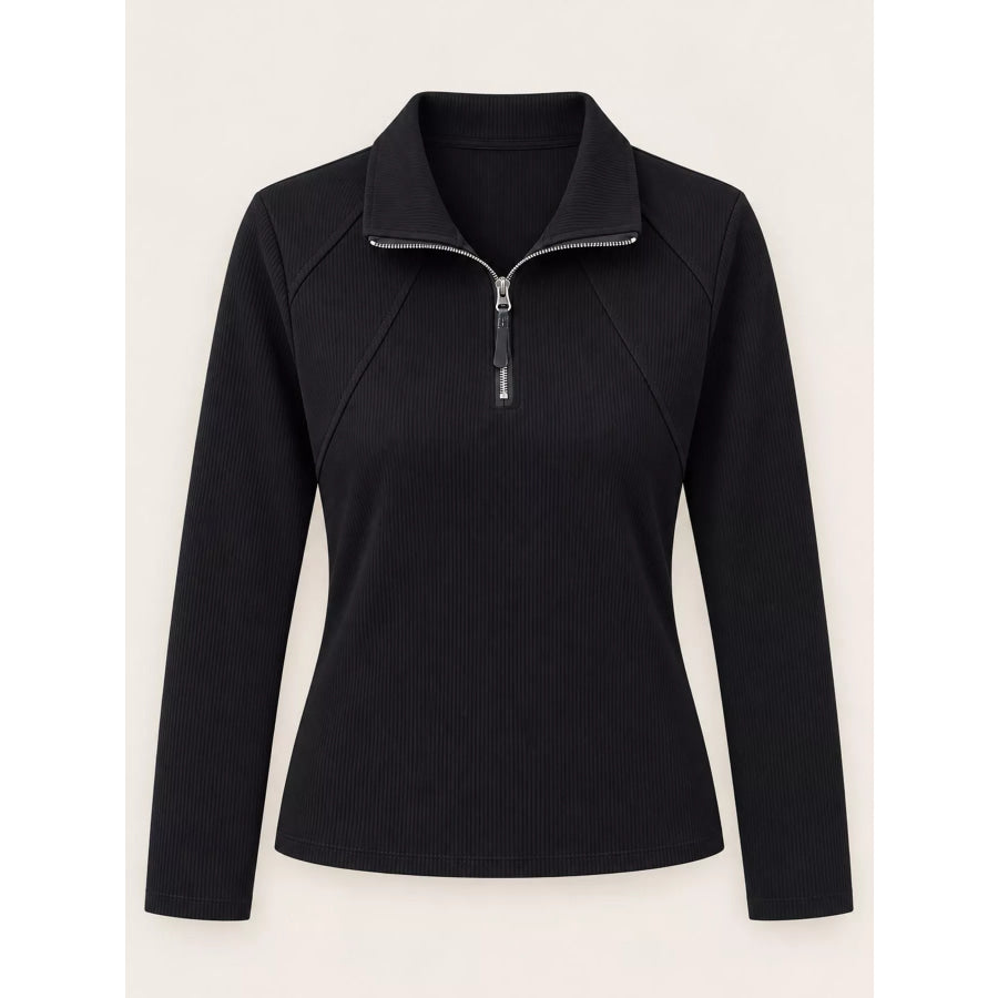 Plus Size Quarter-Zip Long Sleeve Top Black / M Apparel and Accessories