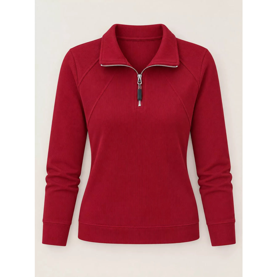 Plus Size Quarter-Zip Long Sleeve Top Red / M Apparel and Accessories