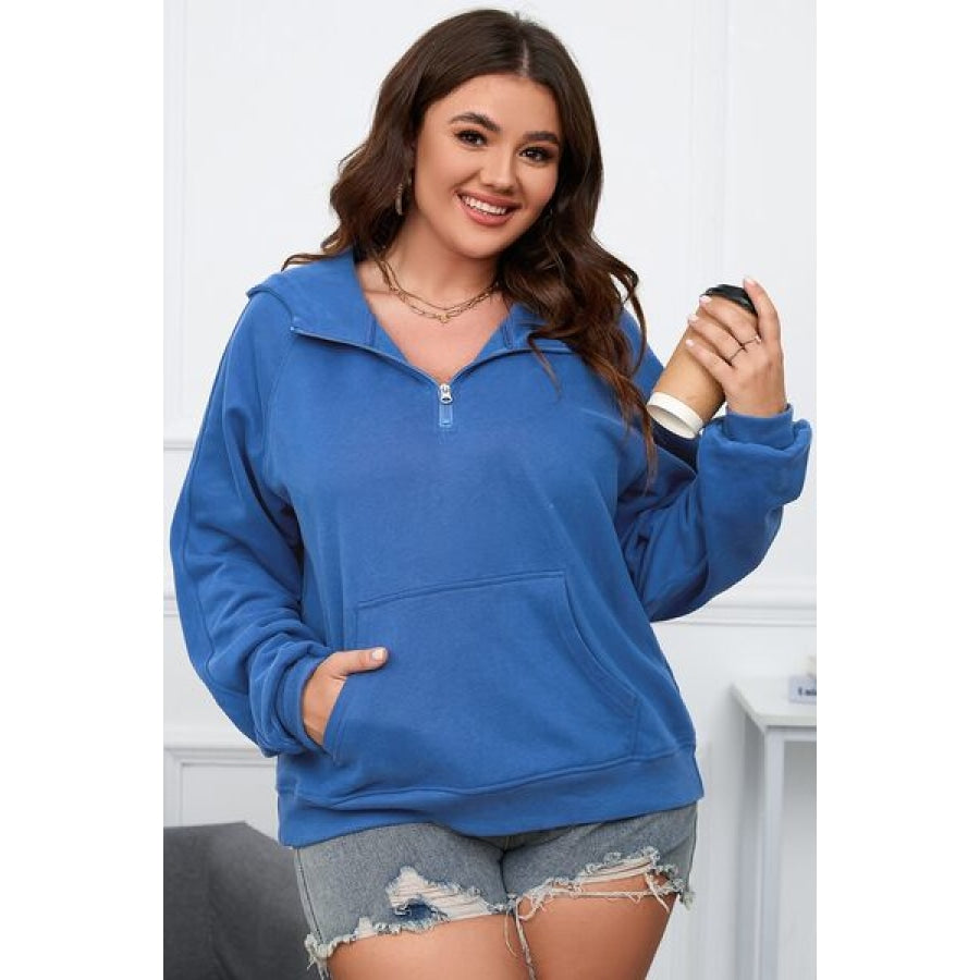 Plus Size Quarter Zip Raglan Sleeve Hoodie Peacock Blue / 1XL Apparel and Accessories