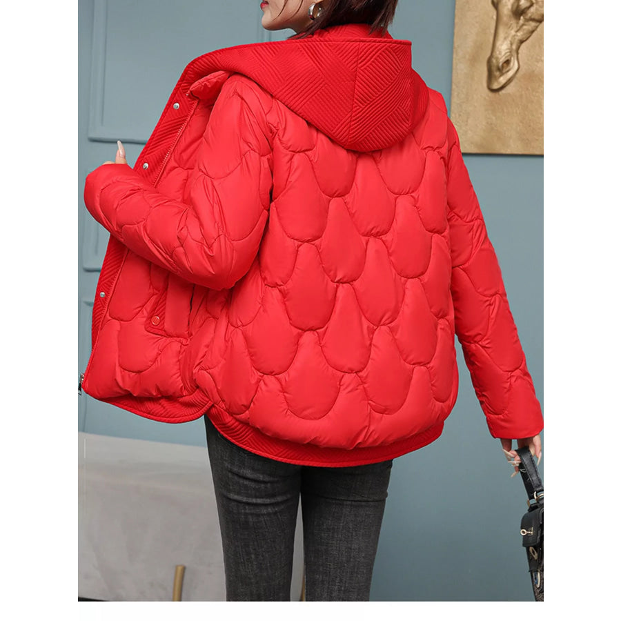 Plus Size Quilted Hooded Puffer Jacket with Snap-Button Closure Apparel and Accessories