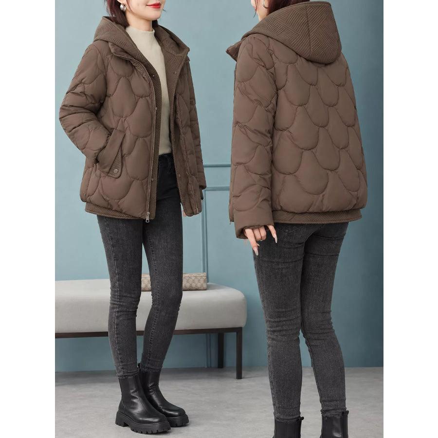 Plus Size Quilted Hooded Puffer Jacket with Snap-Button Closure Apparel and Accessories