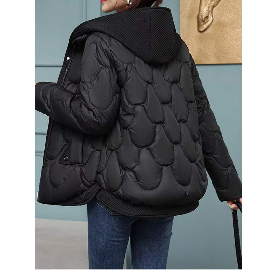 Plus Size Quilted Hooded Puffer Jacket with Snap-Button Closure Apparel and Accessories