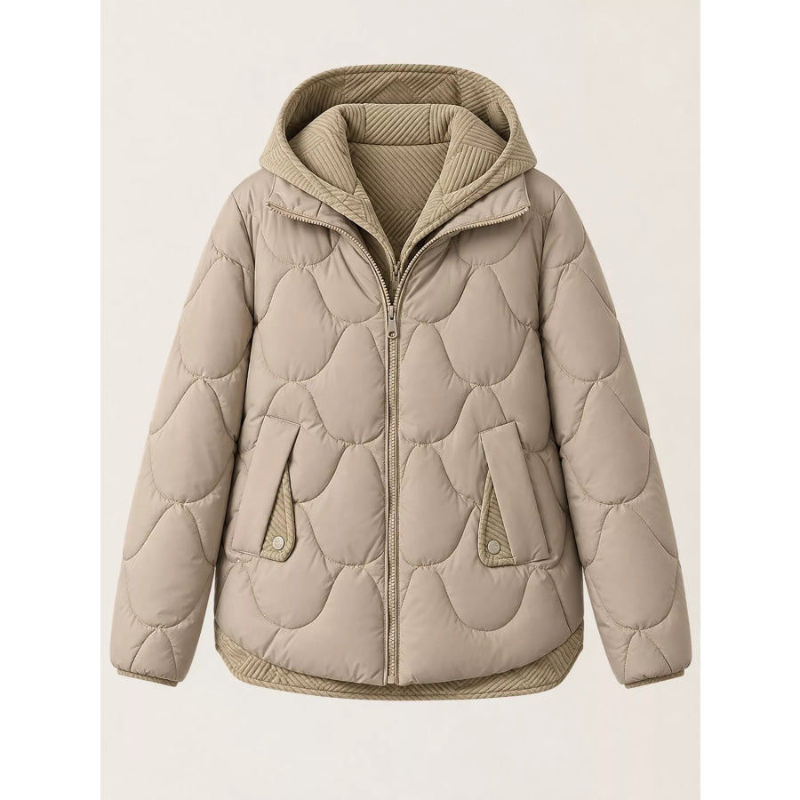 Plus Size Quilted Hooded Puffer Jacket with Snap-Button Closure Apparel and Accessories