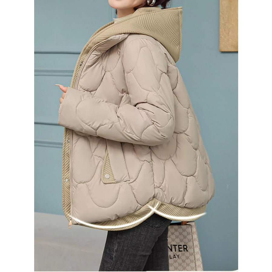 Plus Size Quilted Hooded Puffer Jacket with Snap-Button Closure Apparel and Accessories