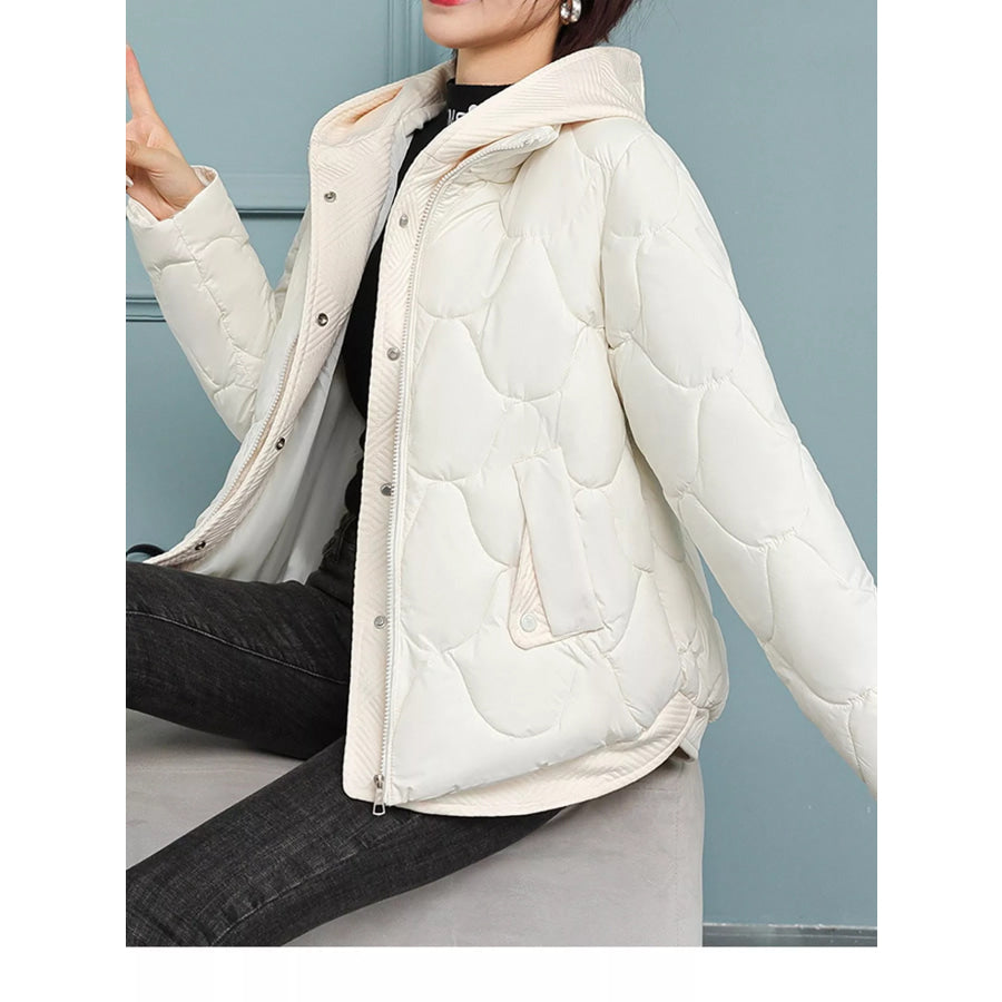 Plus Size Quilted Hooded Puffer Jacket with Snap-Button Closure Beige White / M Apparel and Accessories