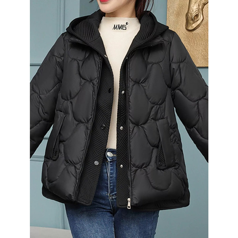 Plus Size Quilted Hooded Puffer Jacket with Snap-Button Closure Black / M Apparel and Accessories