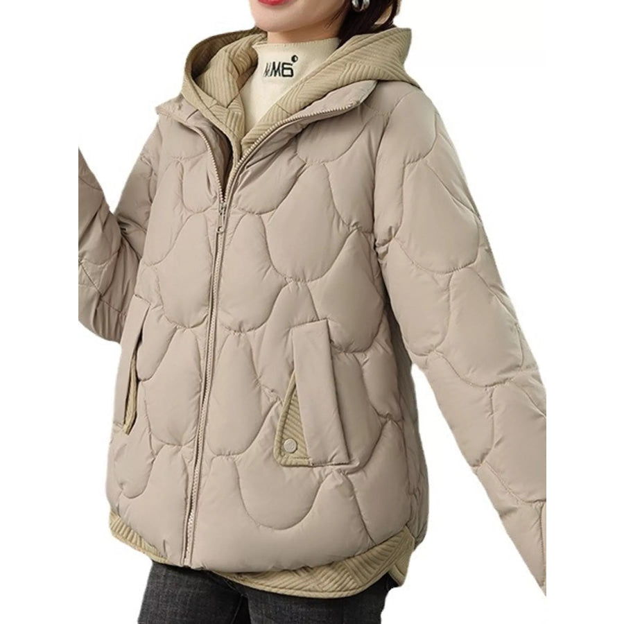 Plus Size Quilted Hooded Puffer Jacket with Snap-Button Closure Khaki / M Apparel and Accessories