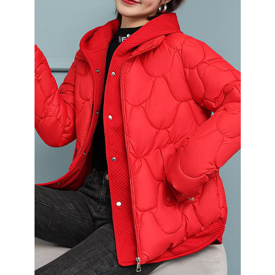 Plus Size Quilted Hooded Puffer Jacket with Snap-Button Closure Red / M Apparel and Accessories