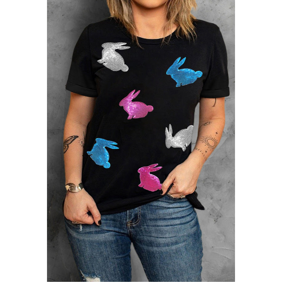 Plus Size Rabbit Round Neck Short Sleeve T-Shirt Black / 1XL Apparel and Accessories