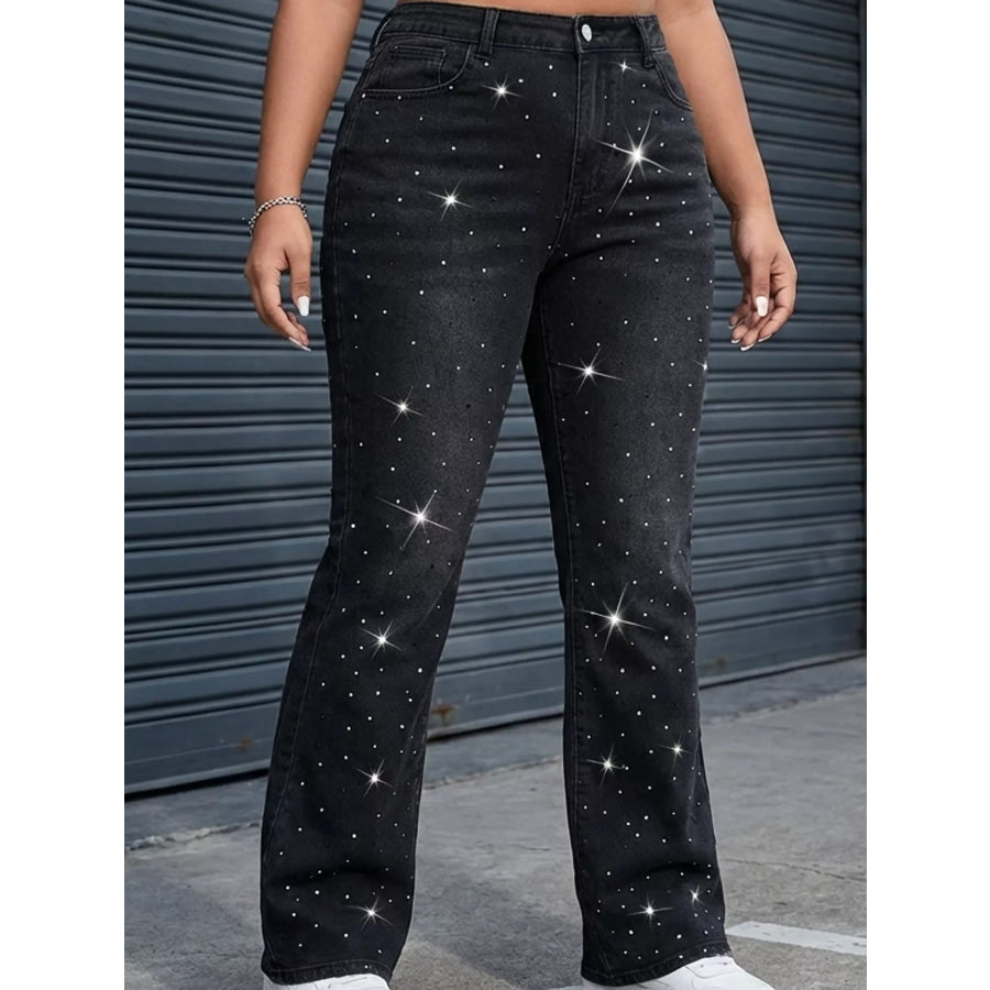 Plus Size Rhinestone Embellished Flare Jeans Black / L Apparel and Accessories