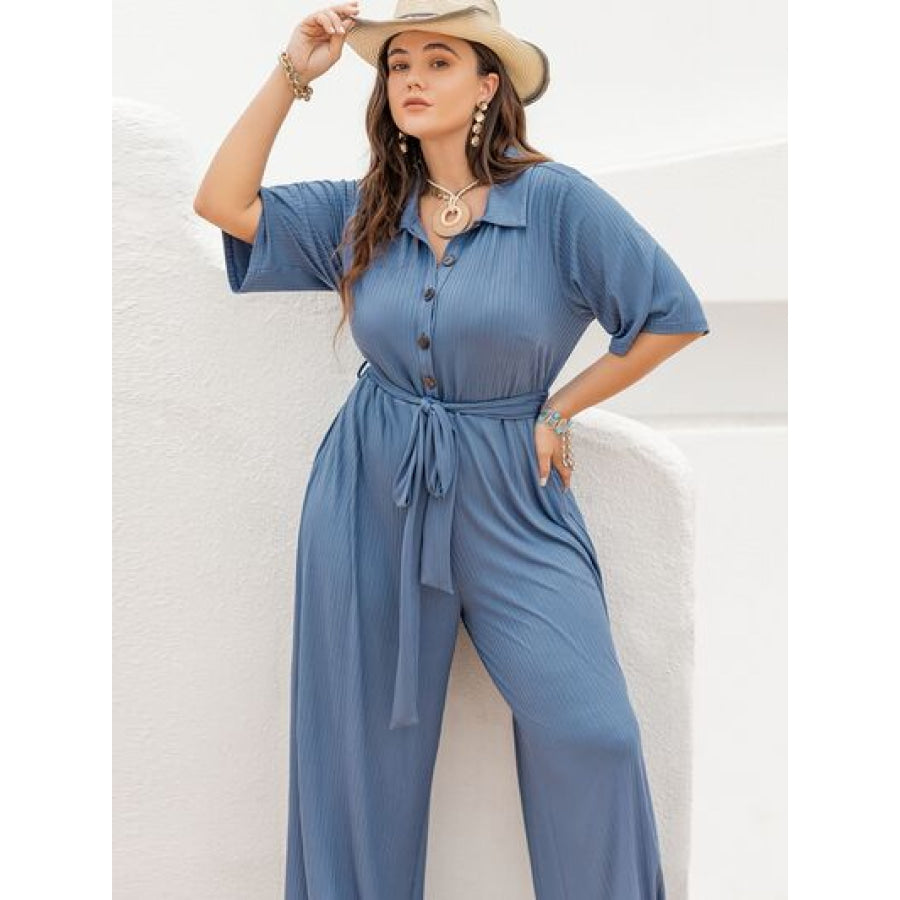 Plus Size Ribbed Half Button Tie - Waist Jumpsuit Clothing