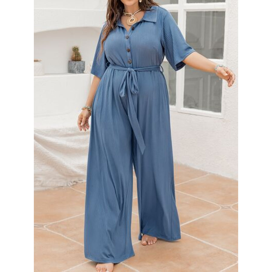 Plus Size Ribbed Half Button Tie - Waist Jumpsuit Clothing