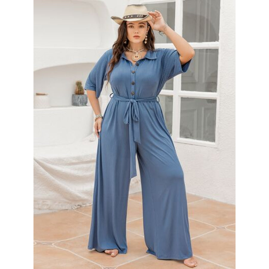 Plus Size Ribbed Half Button Tie - Waist Jumpsuit Clothing