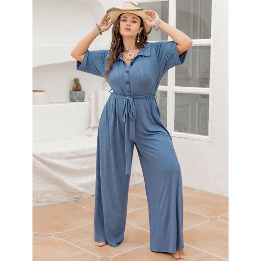 Plus Size Ribbed Half Button Tie - Waist Jumpsuit Dusty Blue / 0XL Clothing