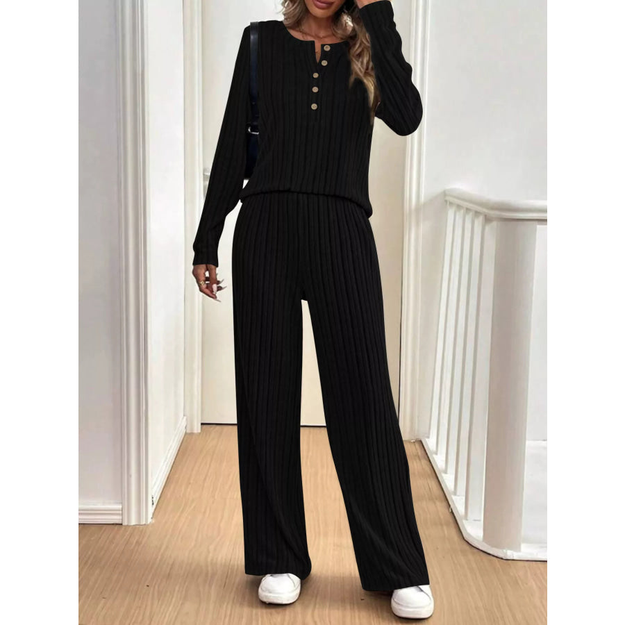 Plus Size Ribbed Knit Button-Front Top and Pants Set Black / 1XL Apparel and Accessories