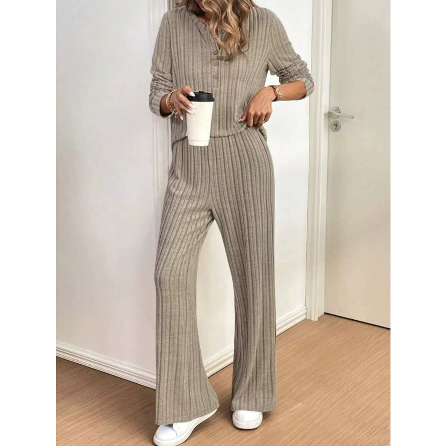 Plus Size Ribbed Knit Button-Front Top and Pants Set Khaki / 1XL Apparel and Accessories