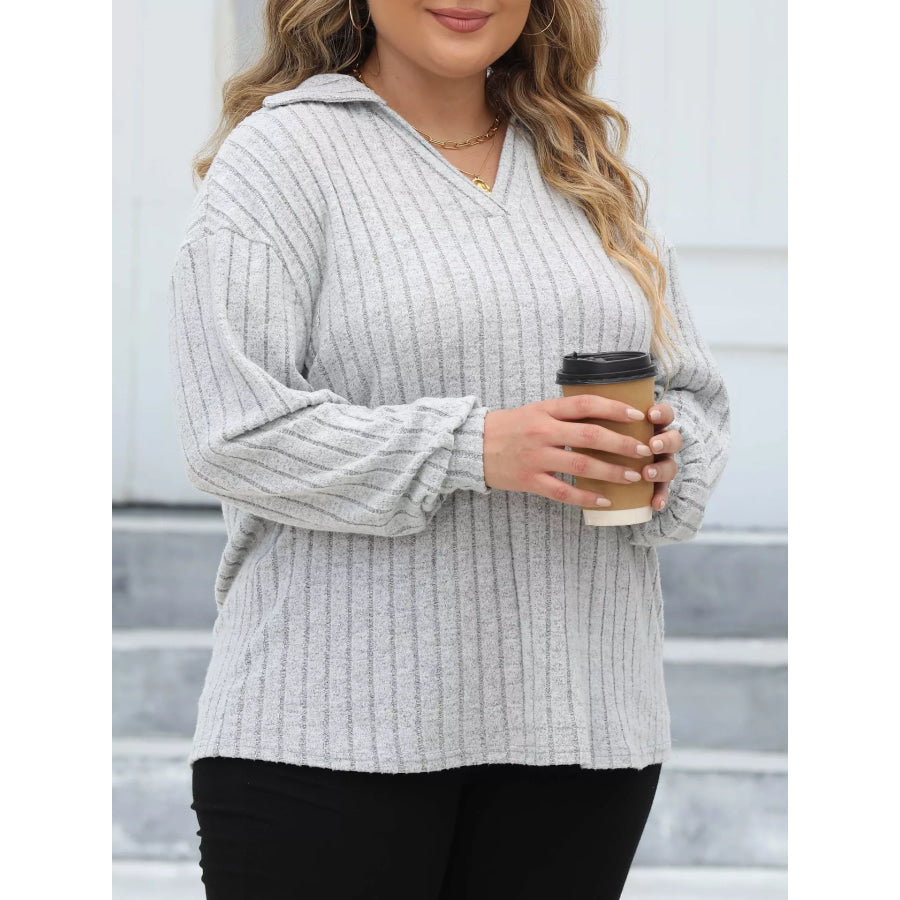 Plus Size Ribbed Knit Polo Collar T-Shirt Apparel and Accessories