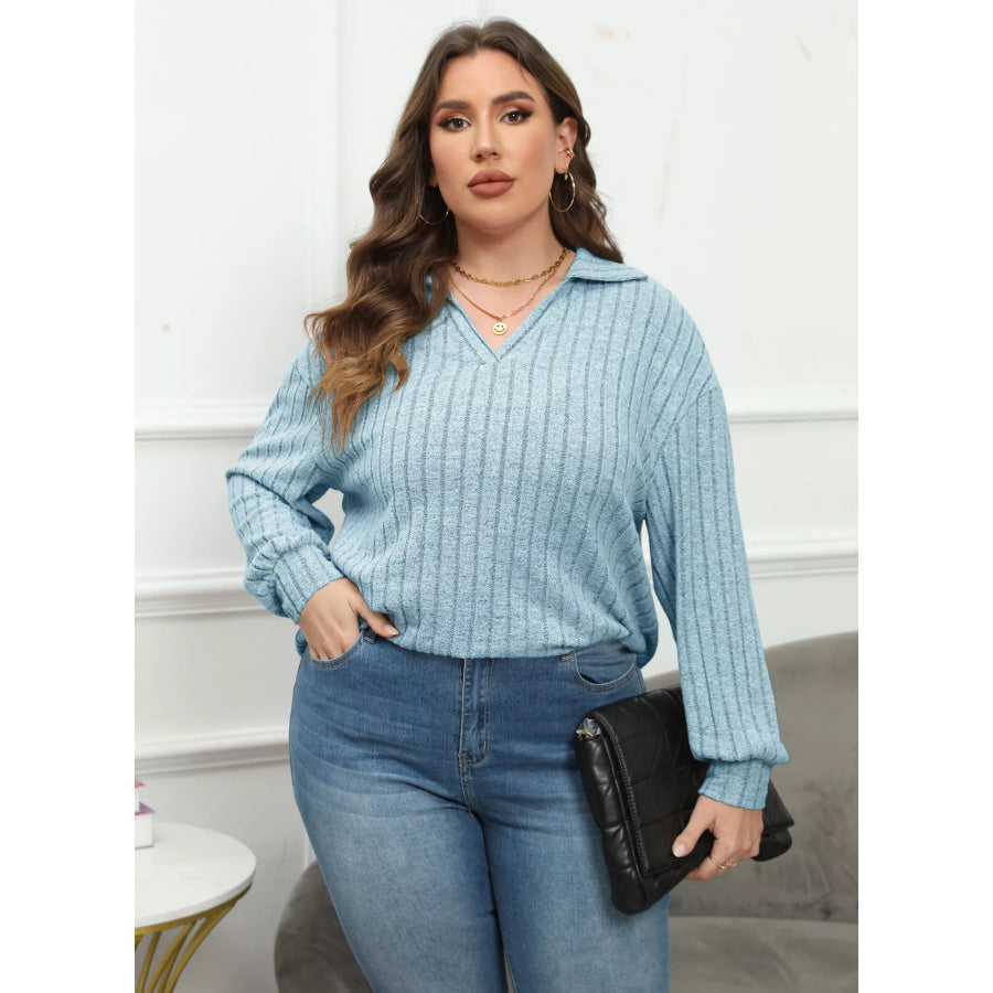 Plus Size Ribbed Knit Polo Collar T-Shirt Apparel and Accessories