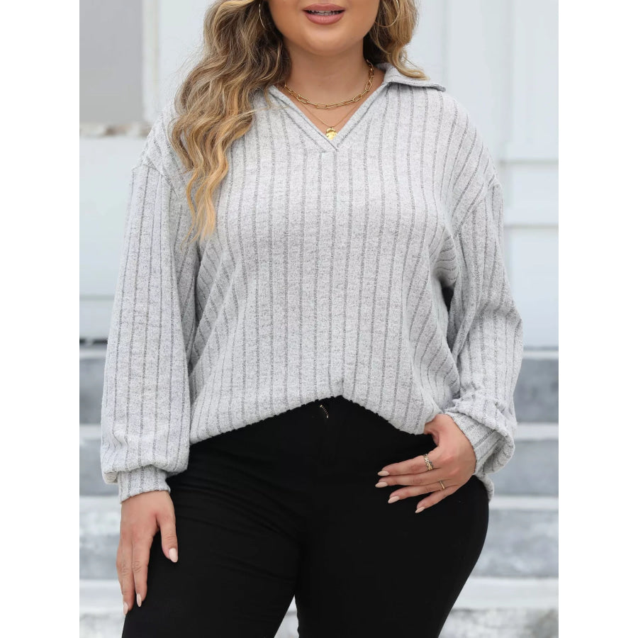 Plus Size Ribbed Knit Polo Collar T-Shirt Apparel and Accessories