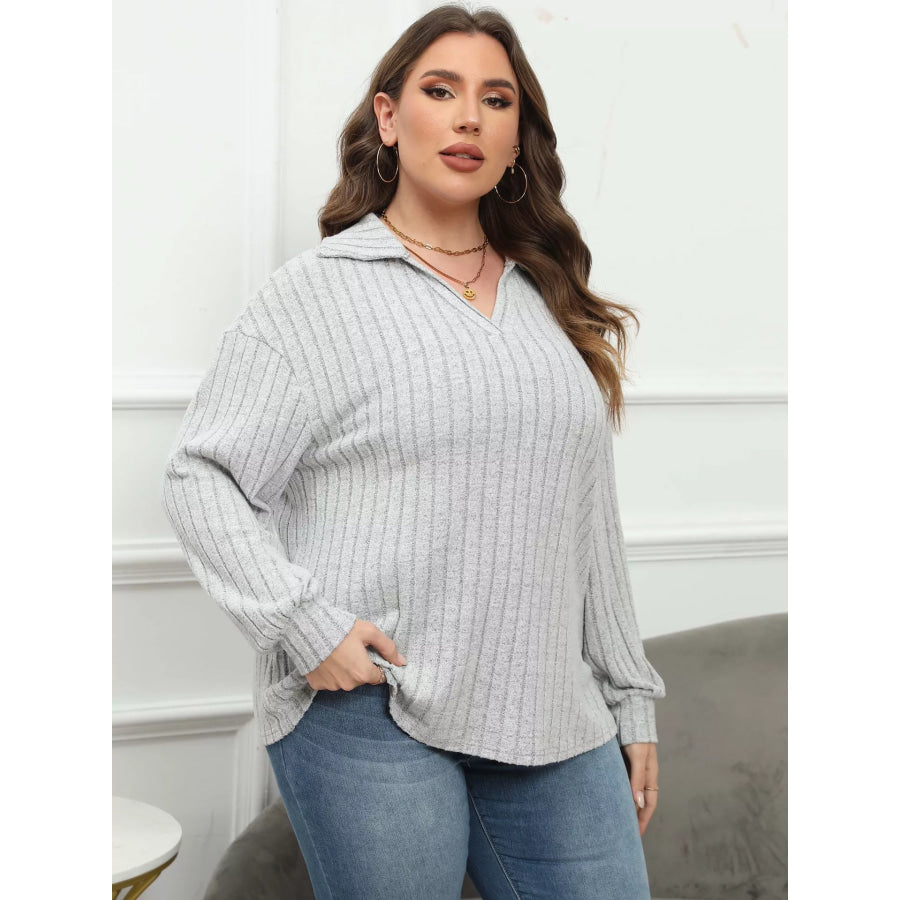 Plus Size Ribbed Knit Polo Collar T-Shirt Apparel and Accessories