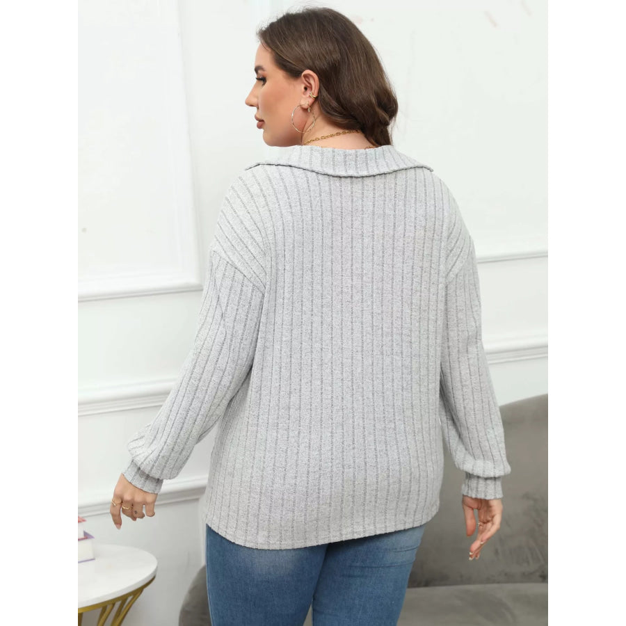 Plus Size Ribbed Knit Polo Collar T-Shirt Apparel and Accessories