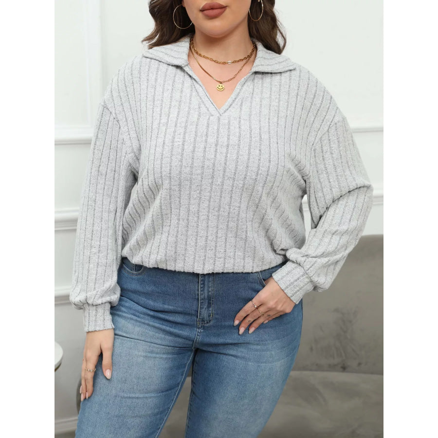 Plus Size Ribbed Knit Polo Collar T-Shirt Apparel and Accessories