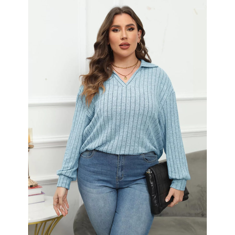 Plus Size Ribbed Knit Polo Collar T-Shirt Apparel and Accessories