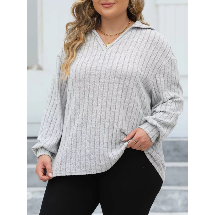 Plus Size Ribbed Knit Polo Collar T-Shirt Apparel and Accessories