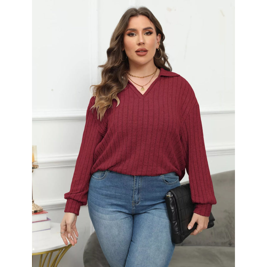 Plus Size Ribbed Knit Polo Collar T-Shirt Apparel and Accessories