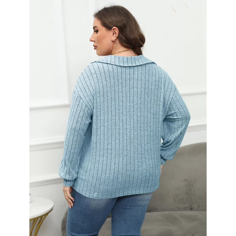 Plus Size Ribbed Knit Polo Collar T-Shirt Apparel and Accessories