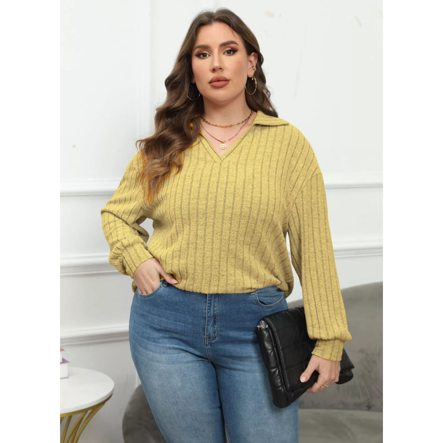 Plus Size Ribbed Knit Polo Collar T-Shirt Apparel and Accessories