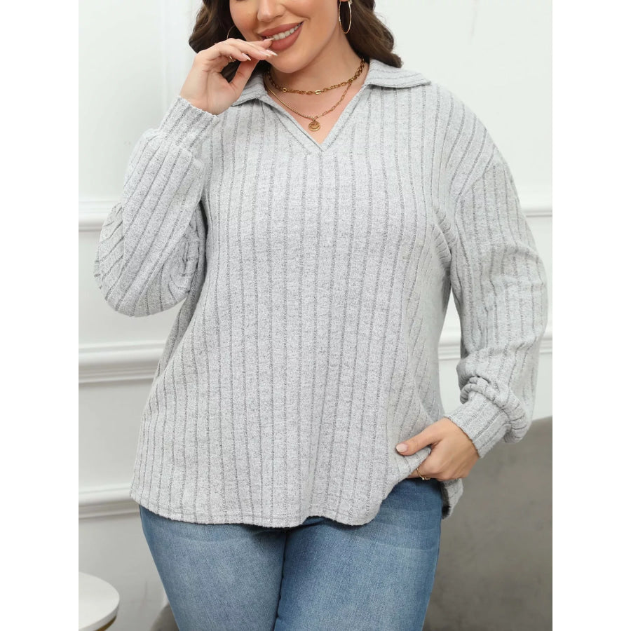 Plus Size Ribbed Knit Polo Collar T-Shirt Apparel and Accessories