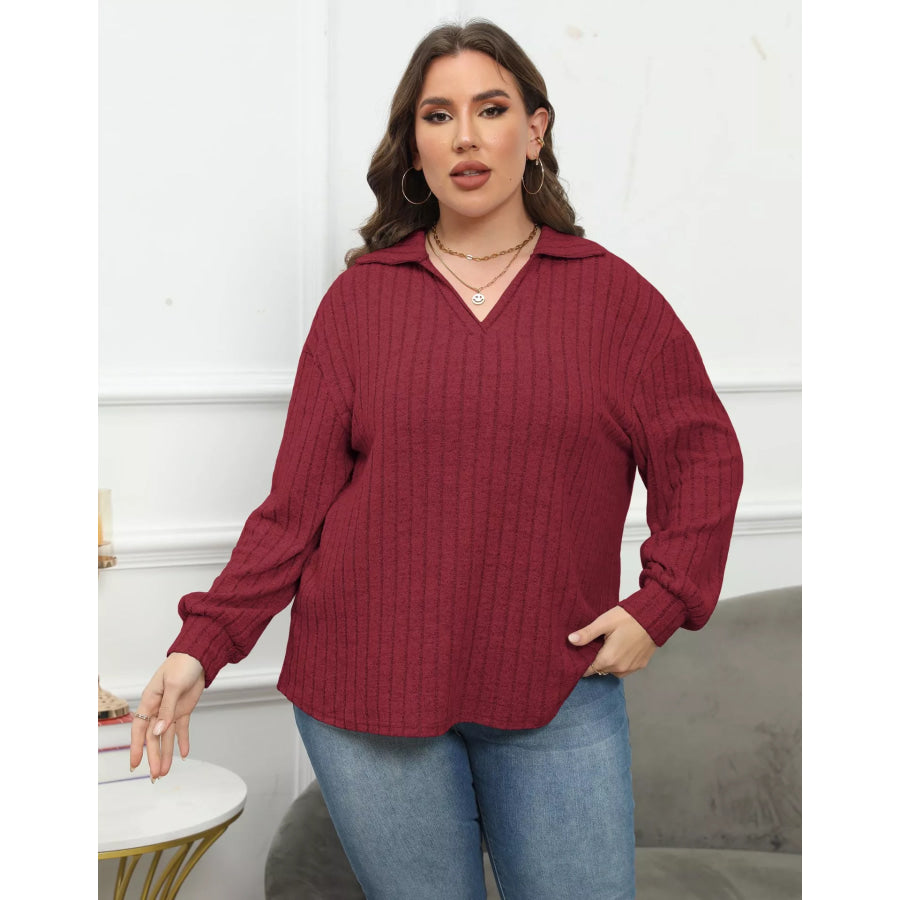 Plus Size Ribbed Knit Polo Collar T-Shirt Apparel and Accessories