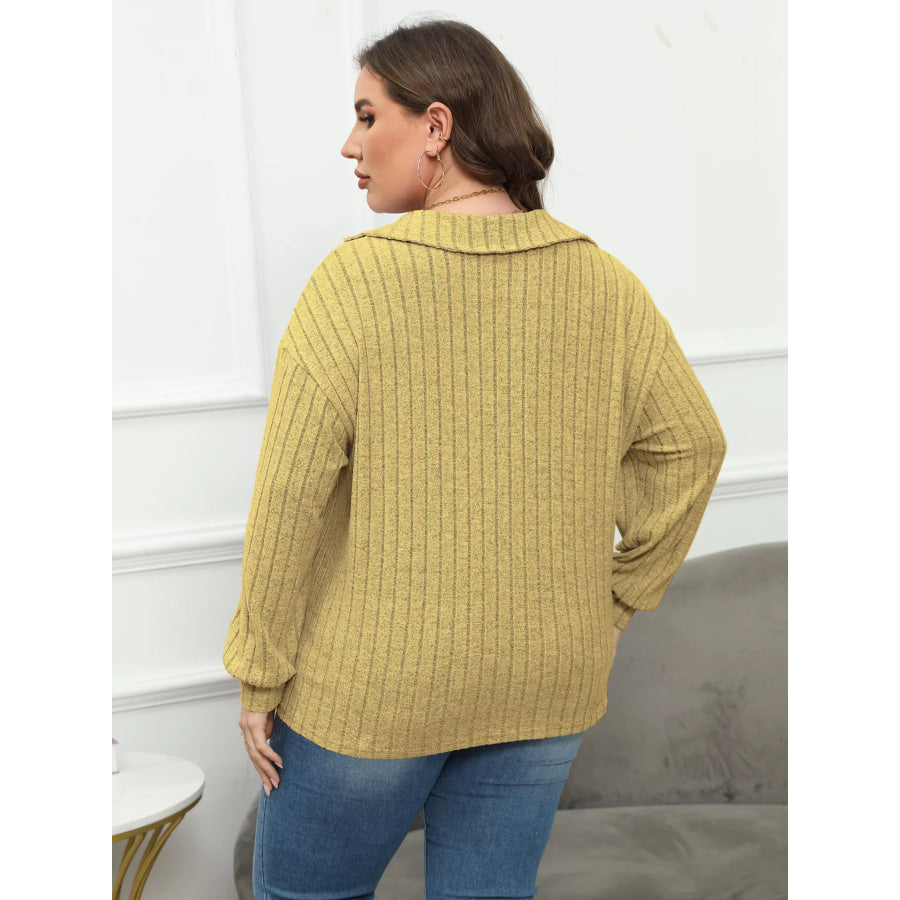 Plus Size Ribbed Knit Polo Collar T-Shirt Apparel and Accessories