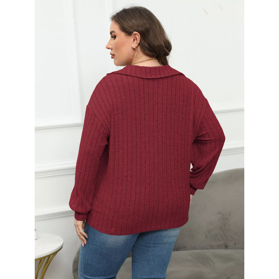 Plus Size Ribbed Knit Polo Collar T-Shirt Apparel and Accessories