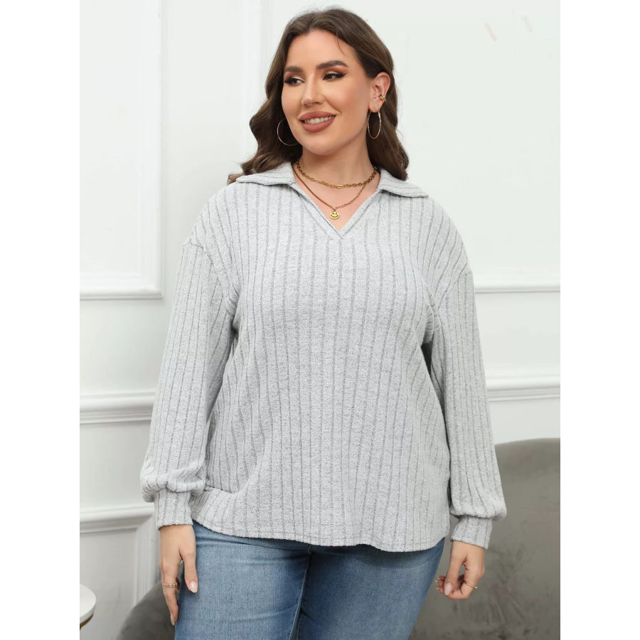 Plus Size Ribbed Knit Polo Collar T-Shirt Apparel and Accessories