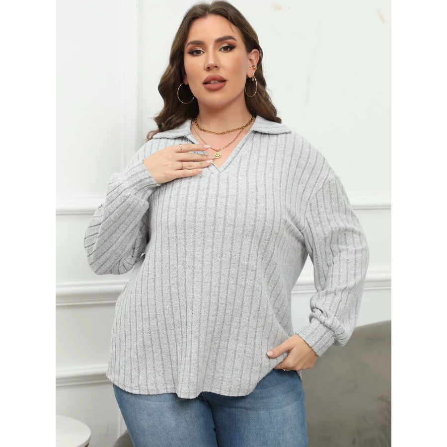 Plus Size Ribbed Knit Polo Collar T-Shirt Apparel and Accessories