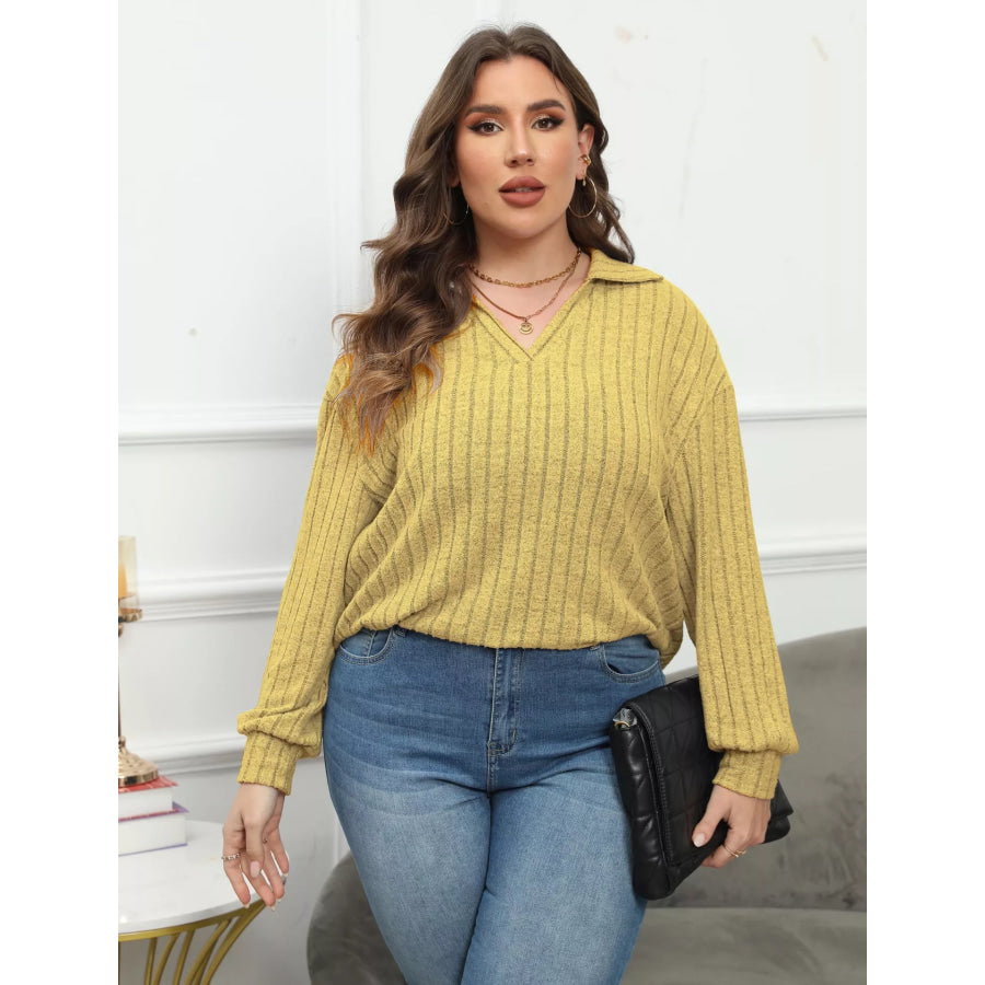 Plus Size Ribbed Knit Polo Collar T-Shirt Apparel and Accessories
