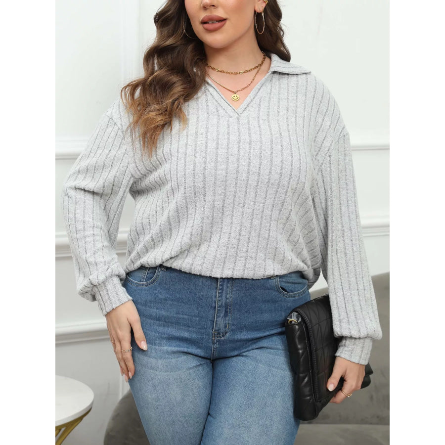 Plus Size Ribbed Knit Polo Collar T-Shirt Apparel and Accessories