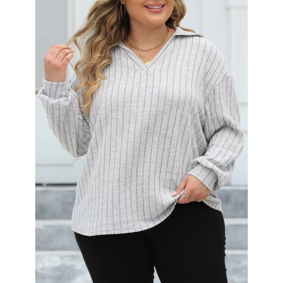Plus Size Ribbed Knit Polo Collar T-Shirt Apparel and Accessories