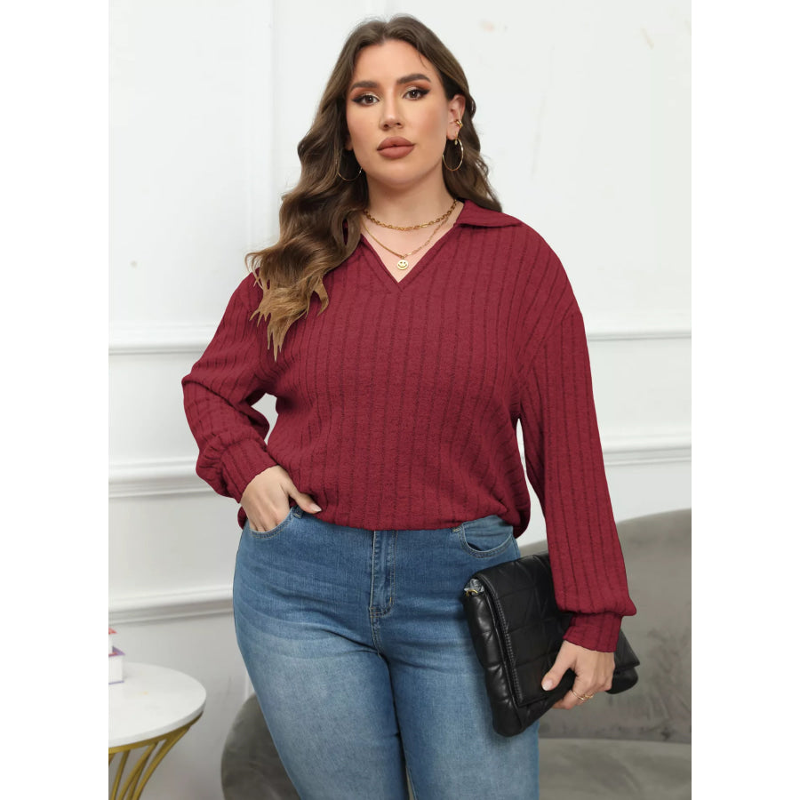 Plus Size Ribbed Knit Polo Collar T-Shirt Burgundy / 0XL Apparel and Accessories