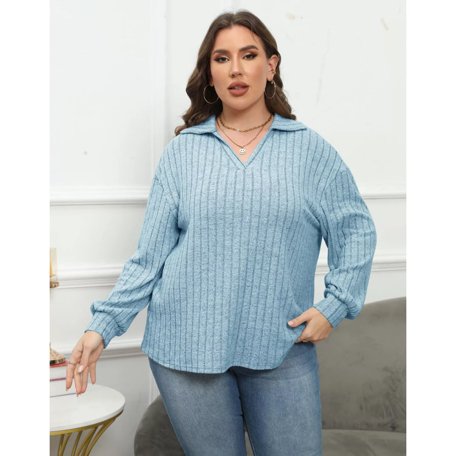 Plus Size Ribbed Knit Polo Collar T-Shirt Light Blue / 0XL Apparel and Accessories